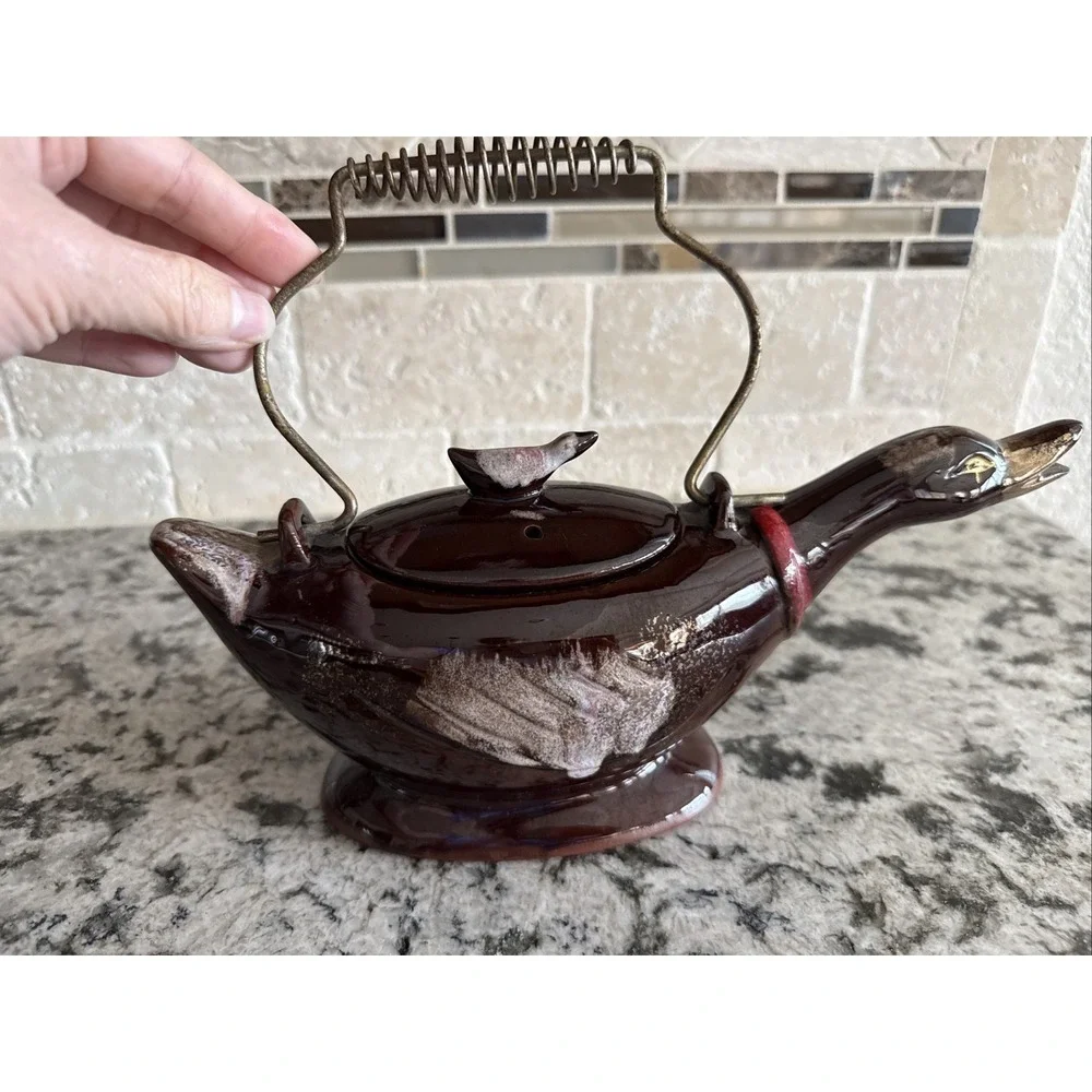 Vintage 1950's Redware Bird  Shaped Teapot with Metal Spirl Handle 10in Long